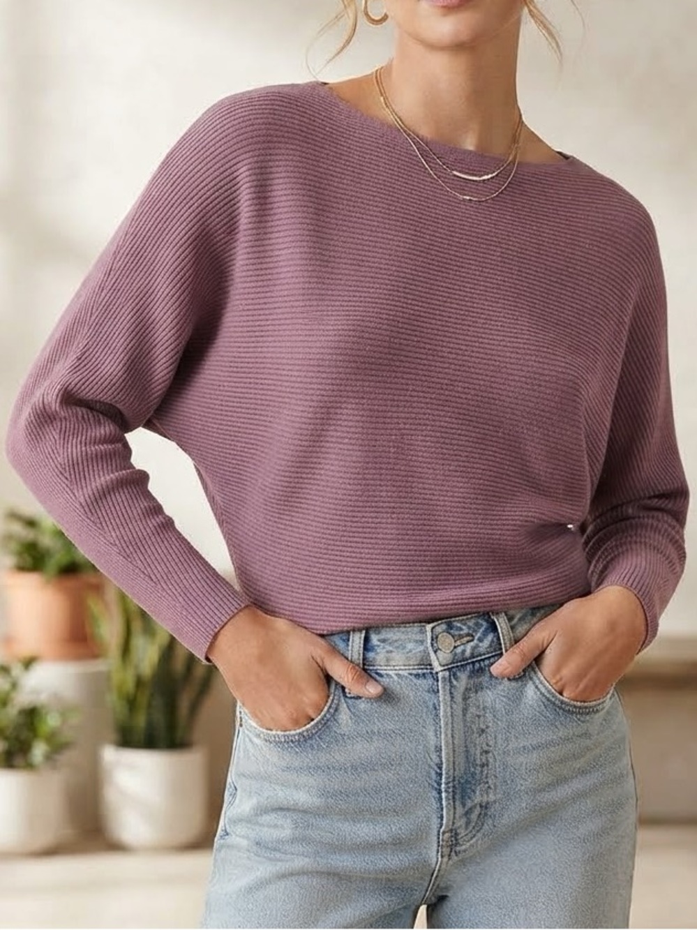 Vince Camuto Ribbed Knit Batwing Sweater in Mauve